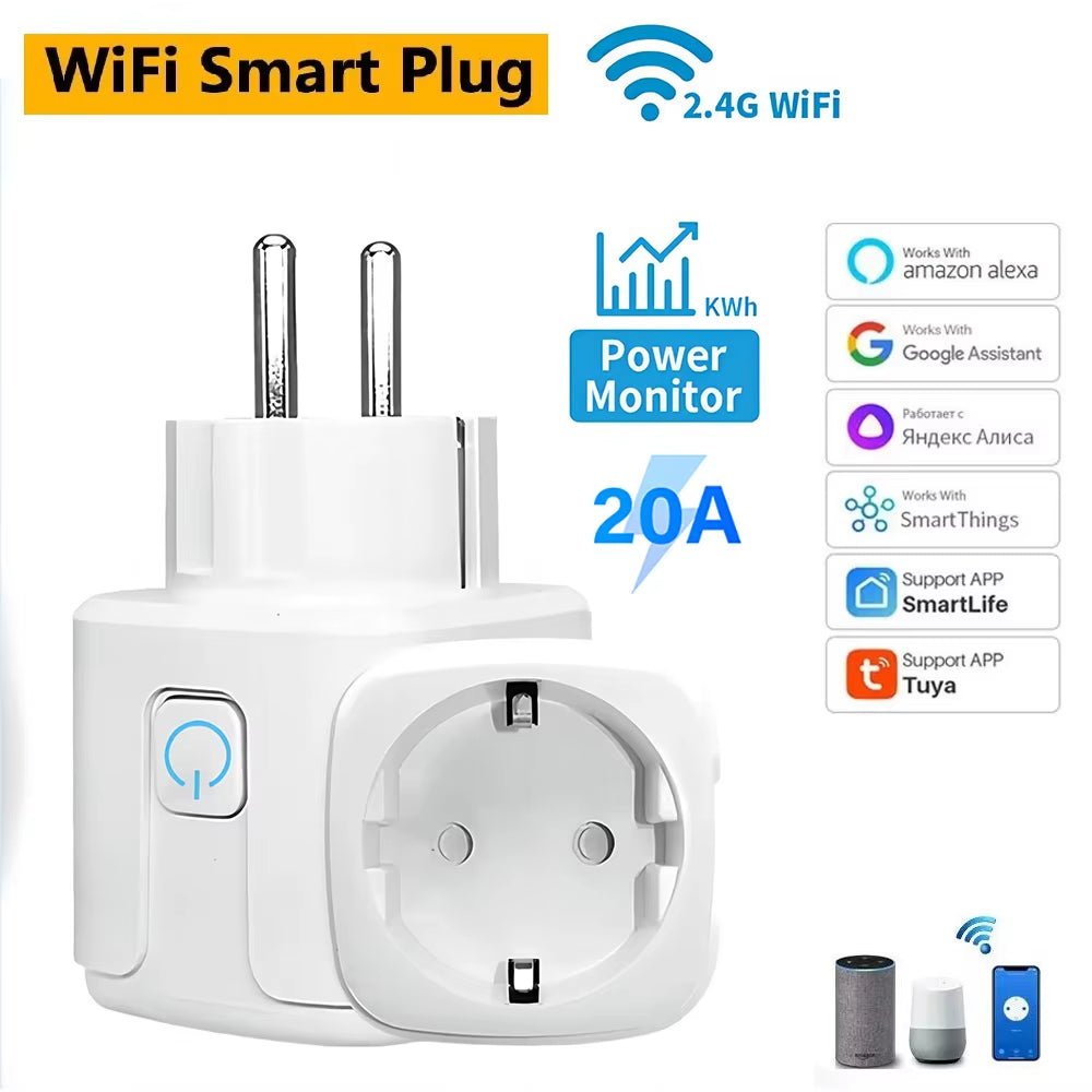 Tuya Wifi Smart Socket EU Plug 20A with Power Monitor Timing Function Smart Life Voice Control Works with Alexa Google Home ﻿