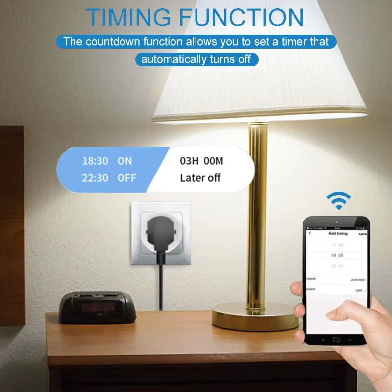 Tuya Wifi Smart Socket EU Plug 20A with Power Monitor Timing Function Smart Life Voice Control Works with Alexa Google Home ﻿